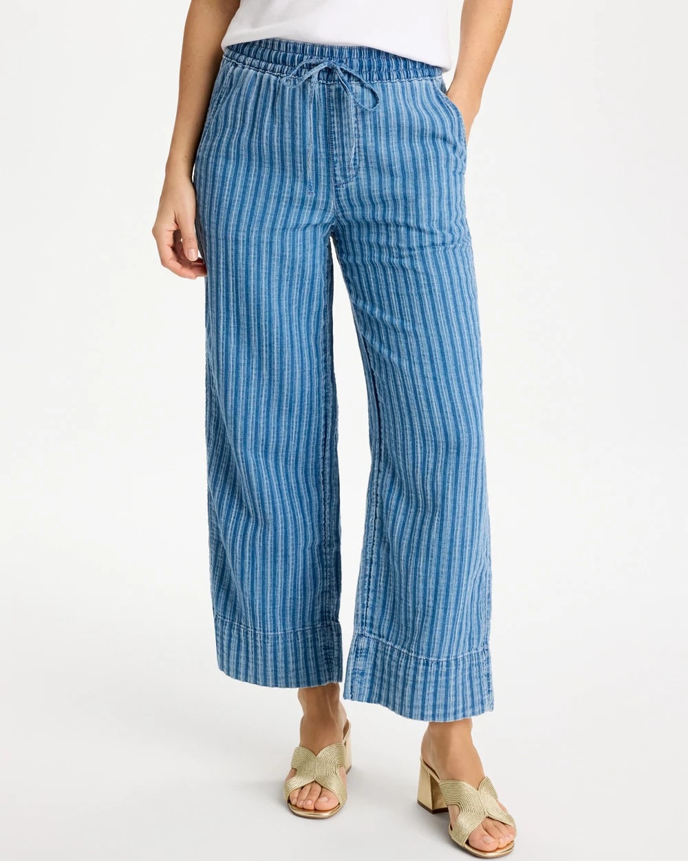 Chico's Gauze Striped Wide Crop Jean Blue Stripe