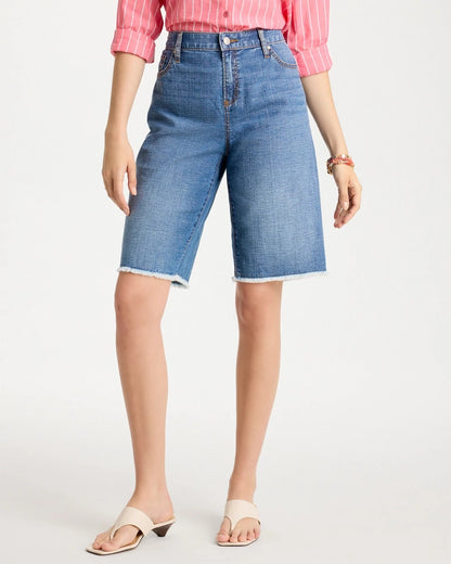 Chico's Boyfriend Frayed Jean Shorts Aquaria Indigo