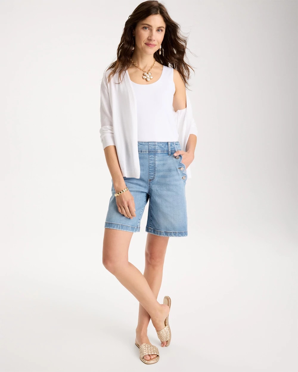 Chico's Pull-On Scallop Button Jean Shorts Blue Jay Indigo