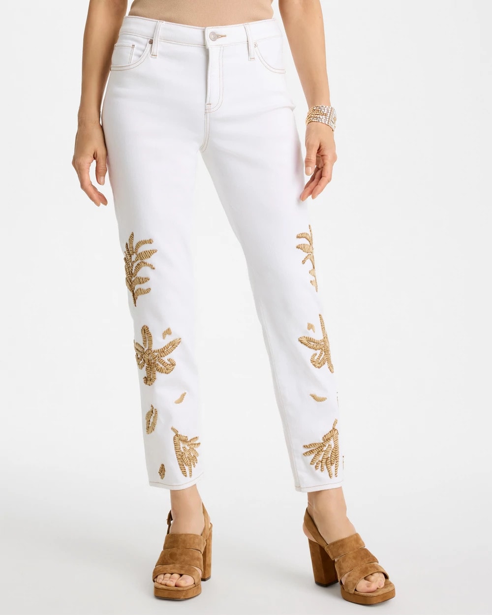 Chico's Girlfriend Slim Raffia Palm Crop Jeans Alabaster