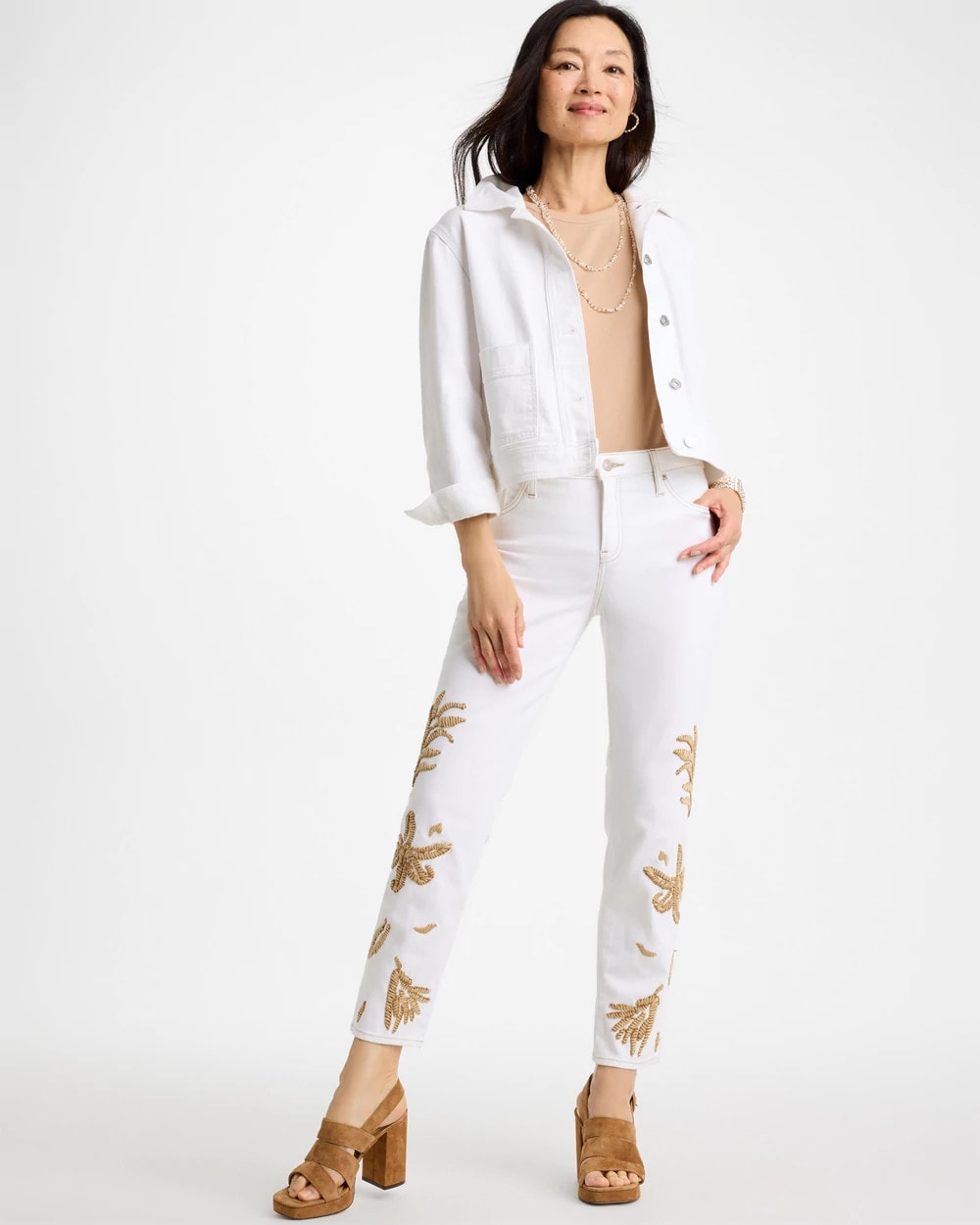 Chico's Girlfriend Slim Raffia Palm Crop Jeans Alabaster
