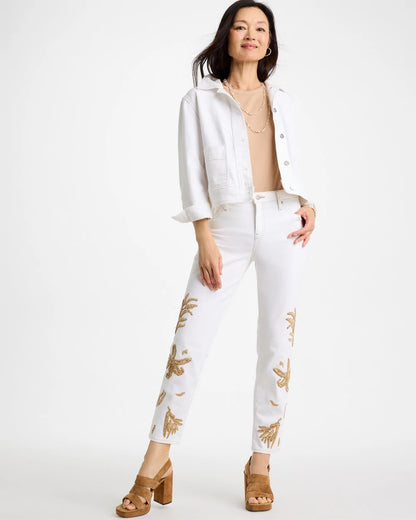 Chico's Girlfriend Slim Raffia Palm Crop Jeans Alabaster