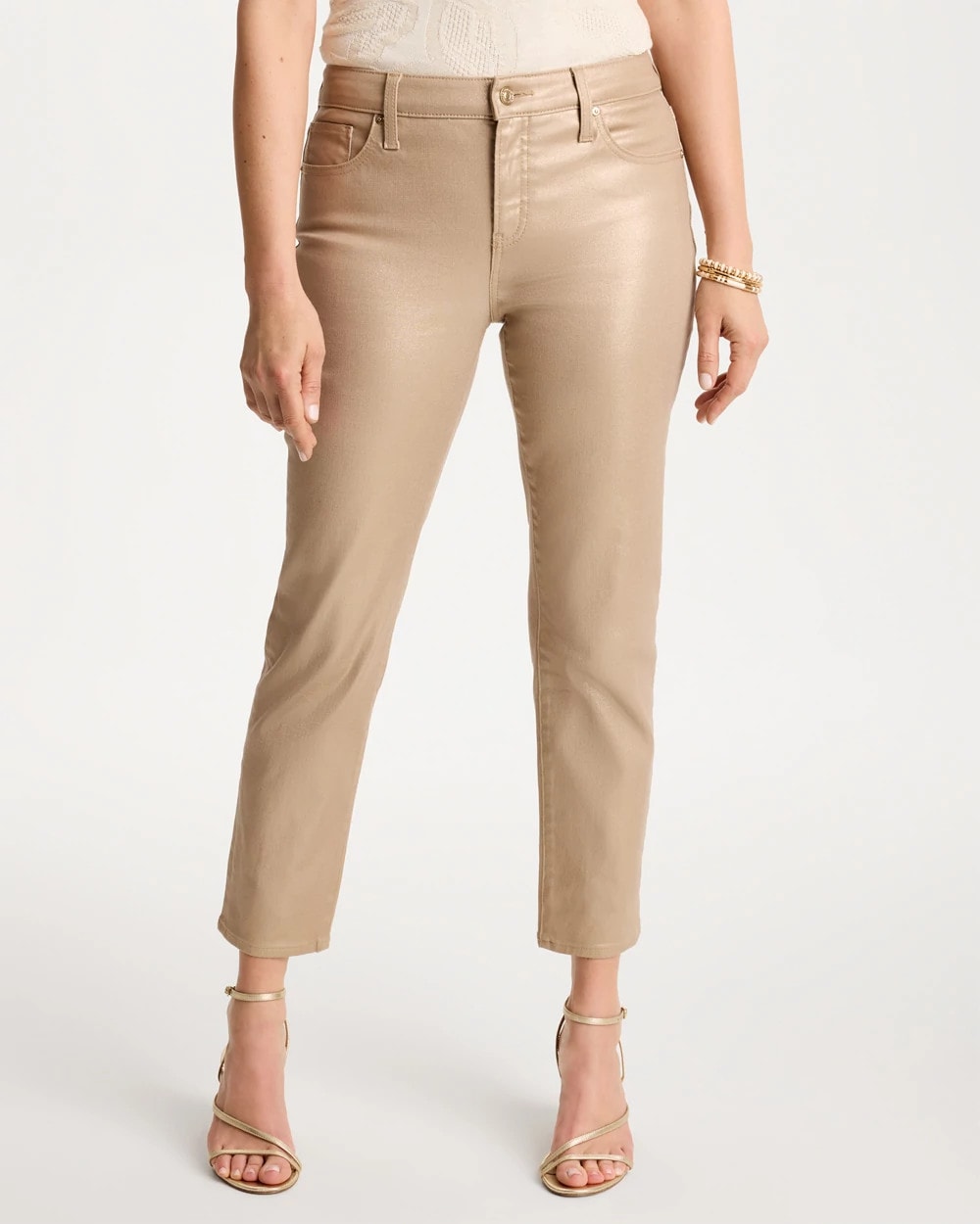 Chico's Girlfriend Slim Coated Crop Jeans Gold Foil Coated