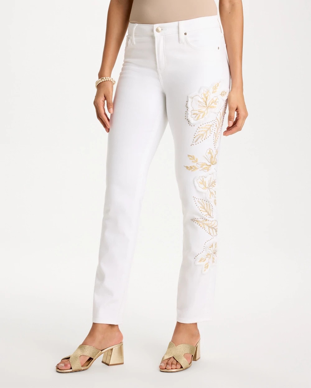 Chico's No Stain Girlfriend Floral Embellished Slim Ankle Jeans Alabaster