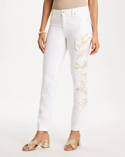 Chico's No Stain Girlfriend Floral Embellished Slim Ankle Jeans Alabaster