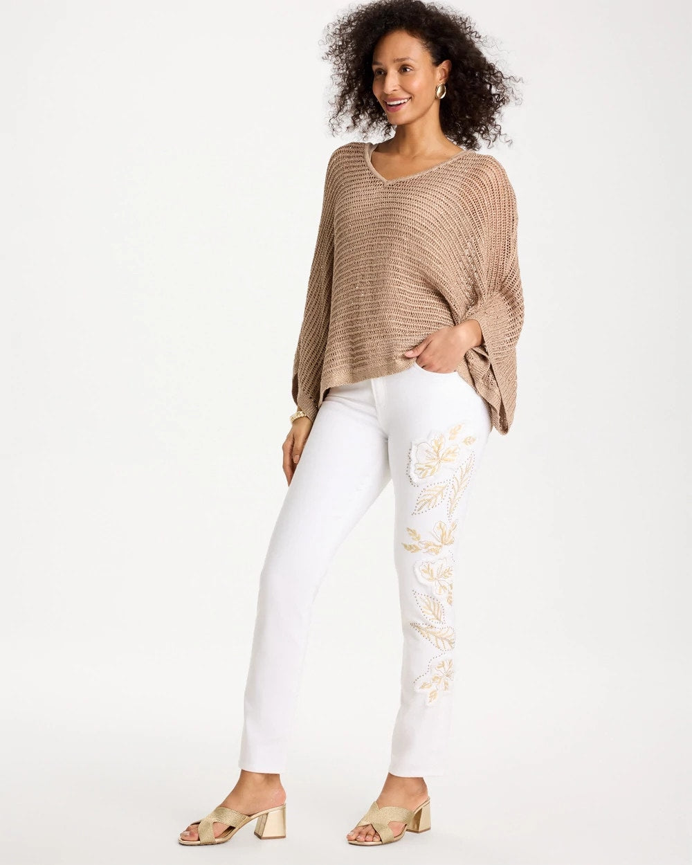 Chico's No Stain Girlfriend Floral Embellished Slim Ankle Jeans Alabaster