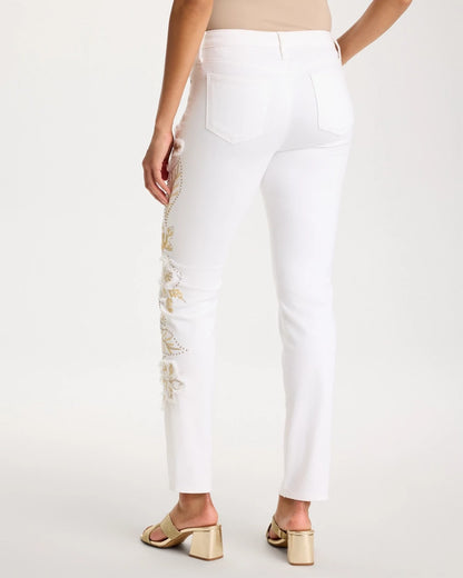 Chico's No Stain Girlfriend Floral Embellished Slim Ankle Jeans Alabaster