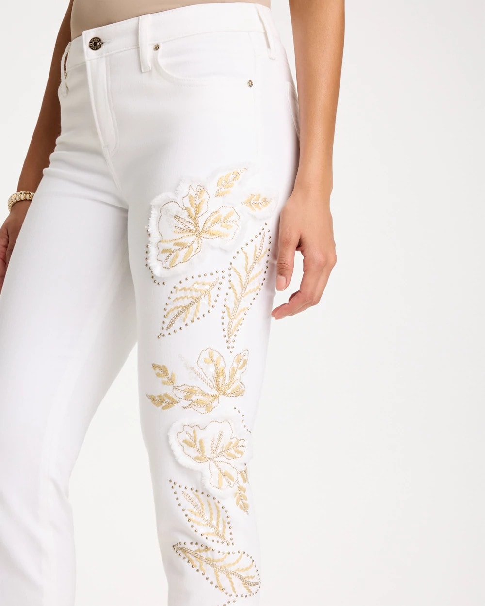 Chico's No Stain Girlfriend Floral Embellished Slim Ankle Jeans Alabaster