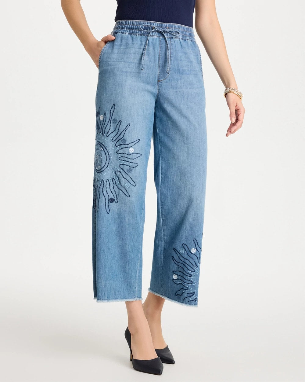 Chico's Embellished Ultra Lightweight Crop Jeans Caressa Indigo