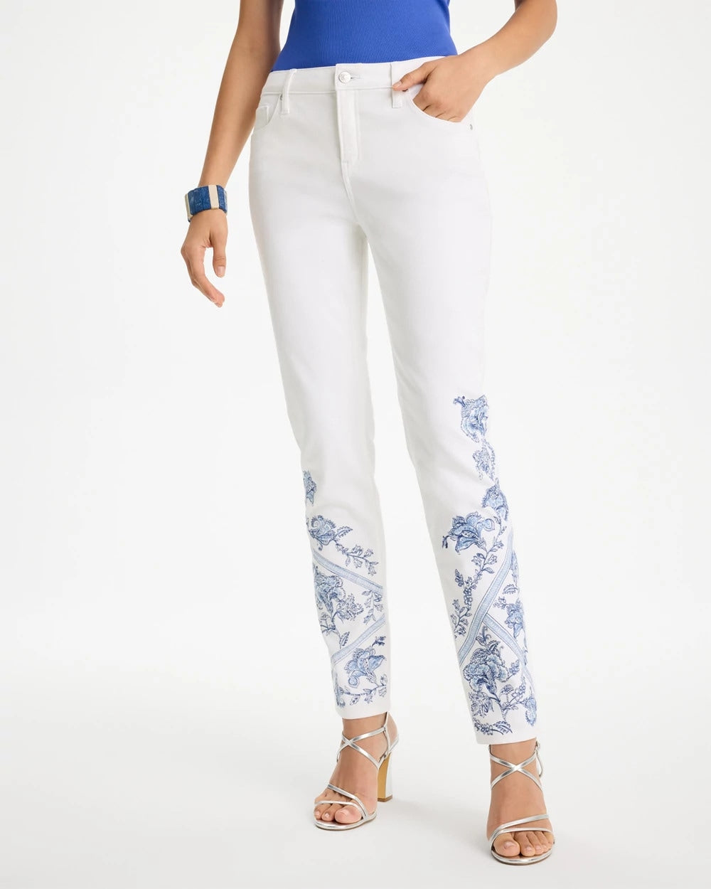 Chico's Embroidered Girlfriend Slim Ankle Jeans Alabaster