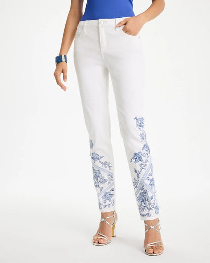 Chico's Embroidered Girlfriend Slim Ankle Jeans Alabaster