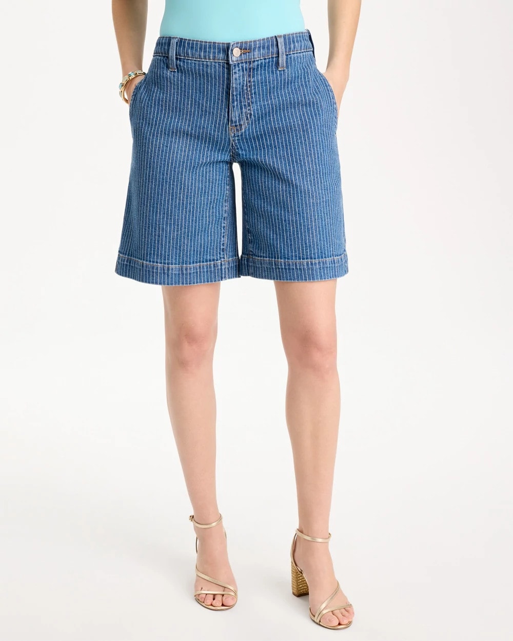 Chico's Striped Denim Trouser Shorts Indigo