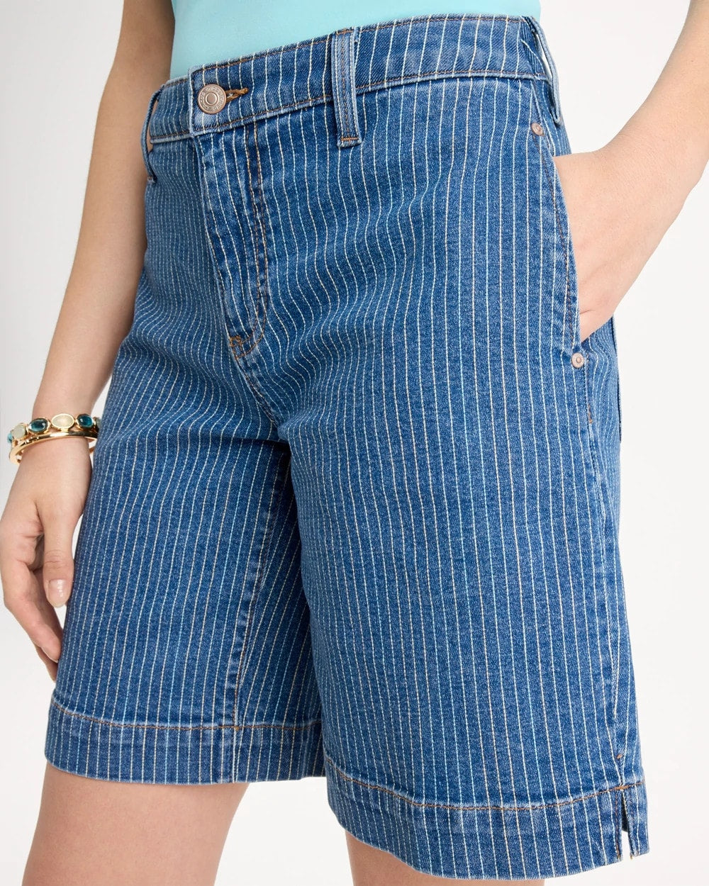 Chico's Striped Denim Trouser Shorts Indigo