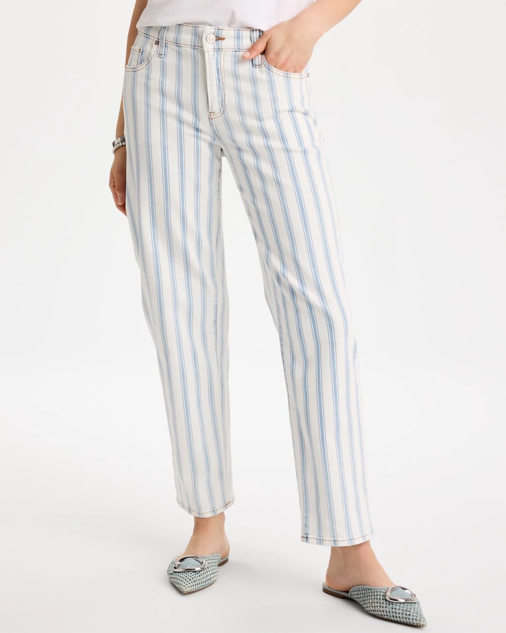 Chico's Striped Relaxed Boyfriend Jean Bungalow Indigo Stripe