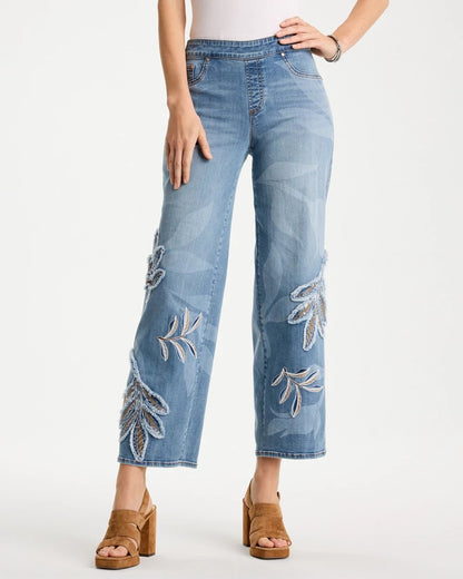 Chico's Tropical Embroidery Pull-On Wide Crop Jean Pashmina Indigo