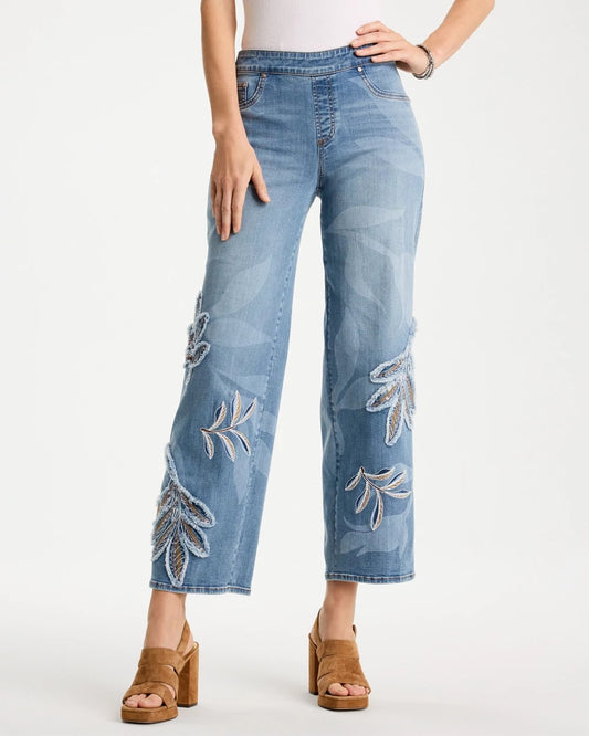 Chico's Tropical Embroidery Pull-On Wide Crop Jean Pashmina Indigo