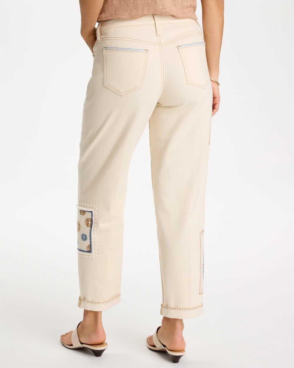 Chico's Patchwork Relaxed Boyfriend Jean Natural Seeded