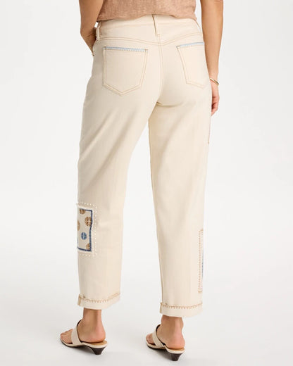 Chico's Patchwork Relaxed Boyfriend Jean Natural Seeded