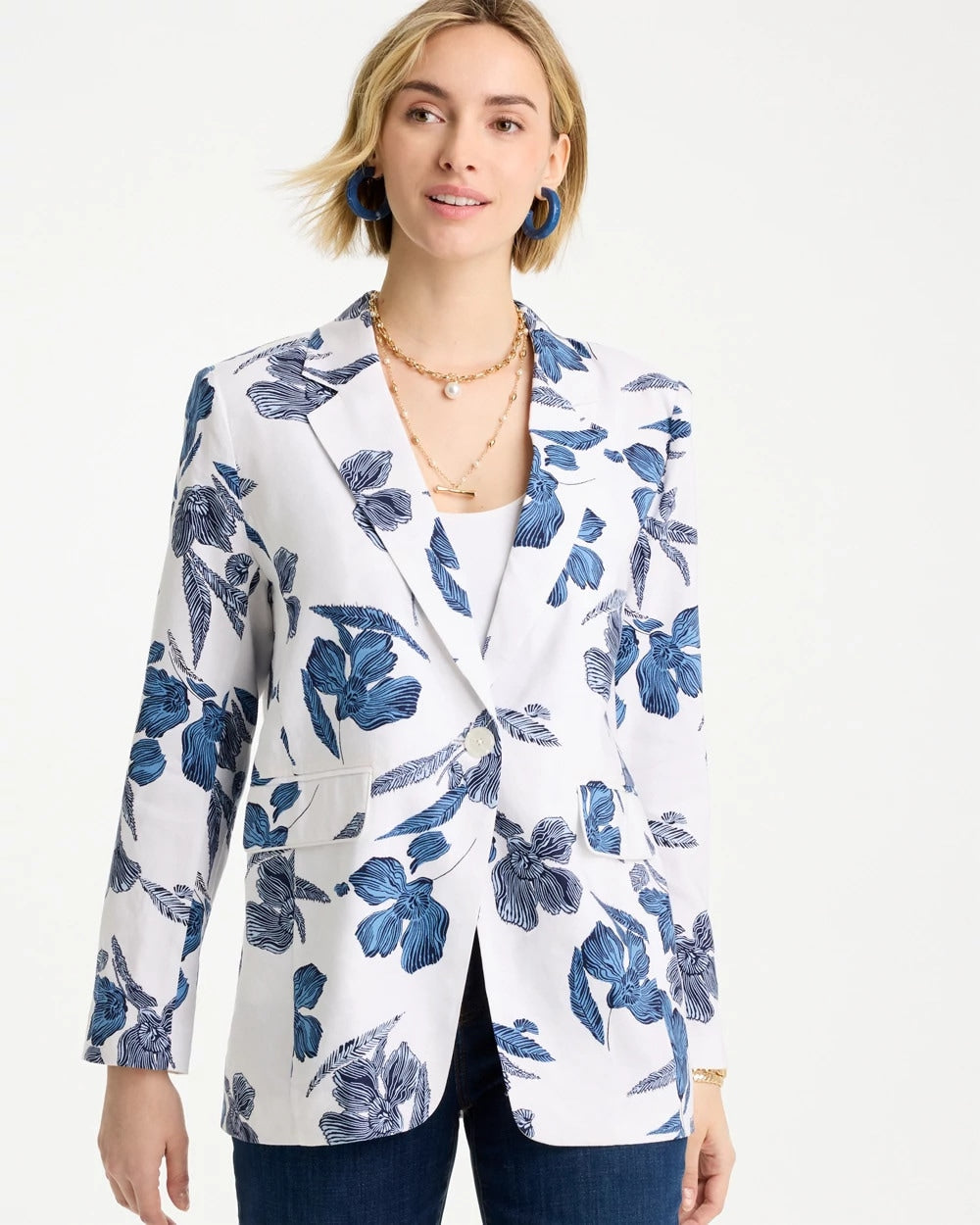 Chico's Linen Printed Piped Boyfriend Blazer Alabaster
