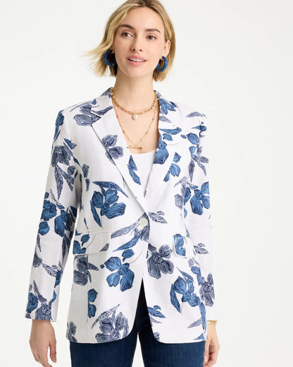 Chico's Linen Printed Piped Boyfriend Blazer Alabaster