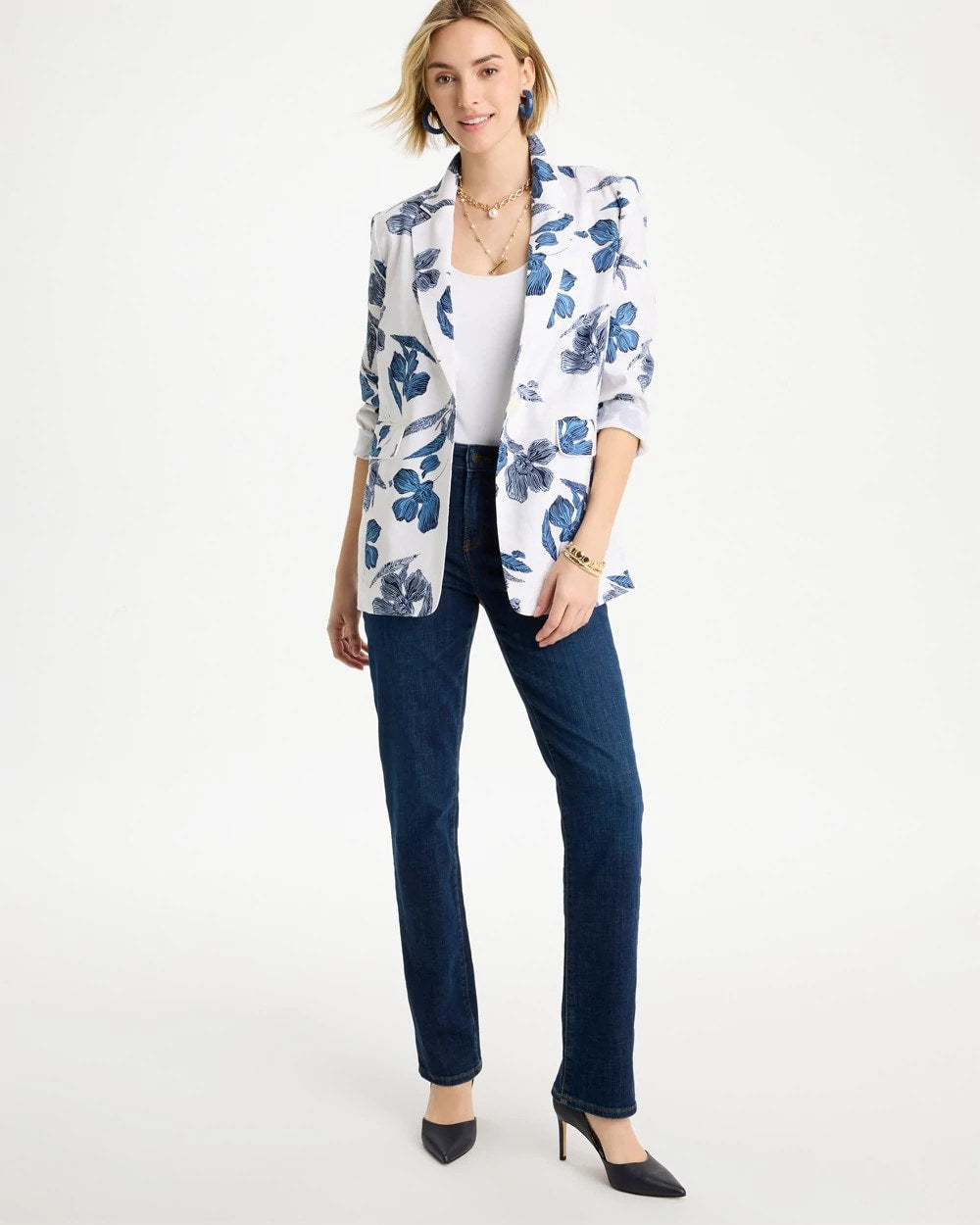 Chico's Linen Printed Piped Boyfriend Blazer Alabaster