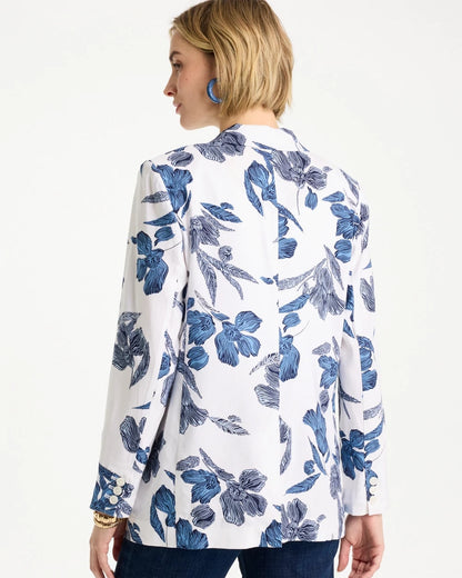 Chico's Linen Printed Piped Boyfriend Blazer Alabaster