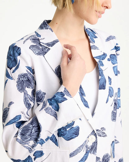 Chico's Linen Printed Piped Boyfriend Blazer Alabaster