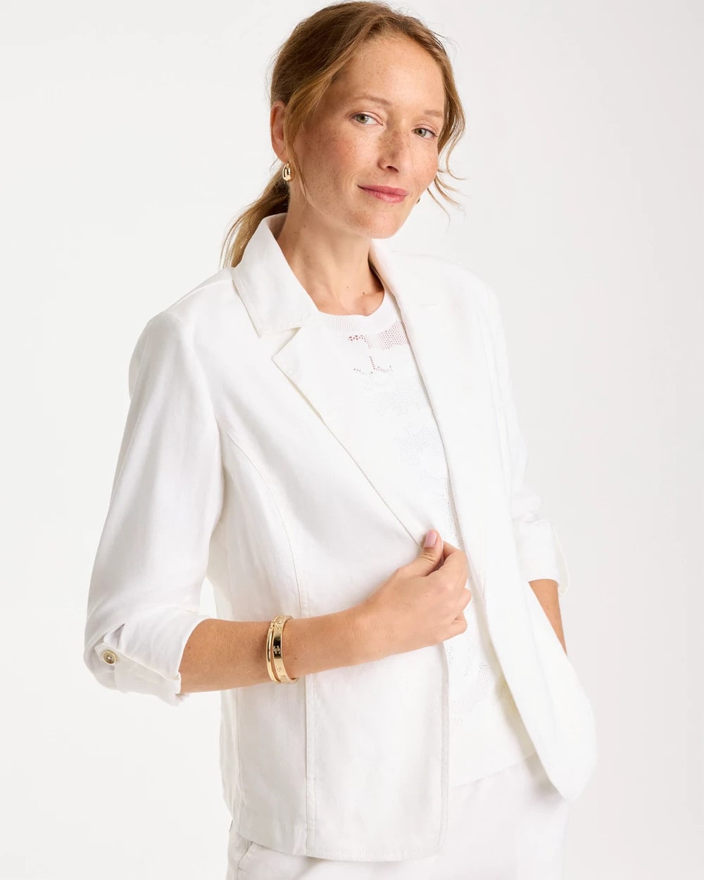 Chico's Linen Roll Sleeve Blazer Alabaster