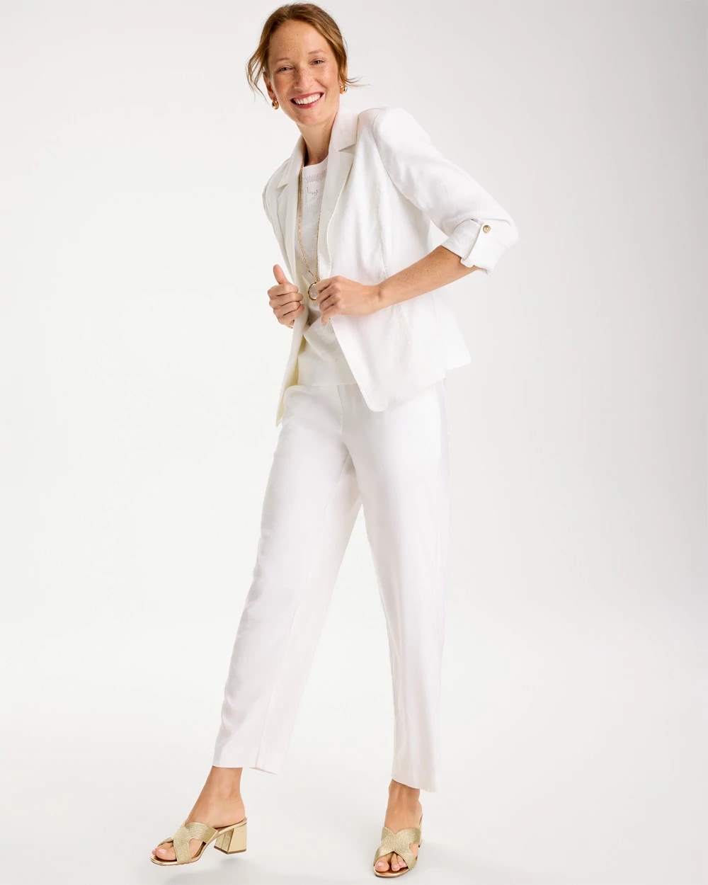Chico's Linen Roll Sleeve Blazer Alabaster