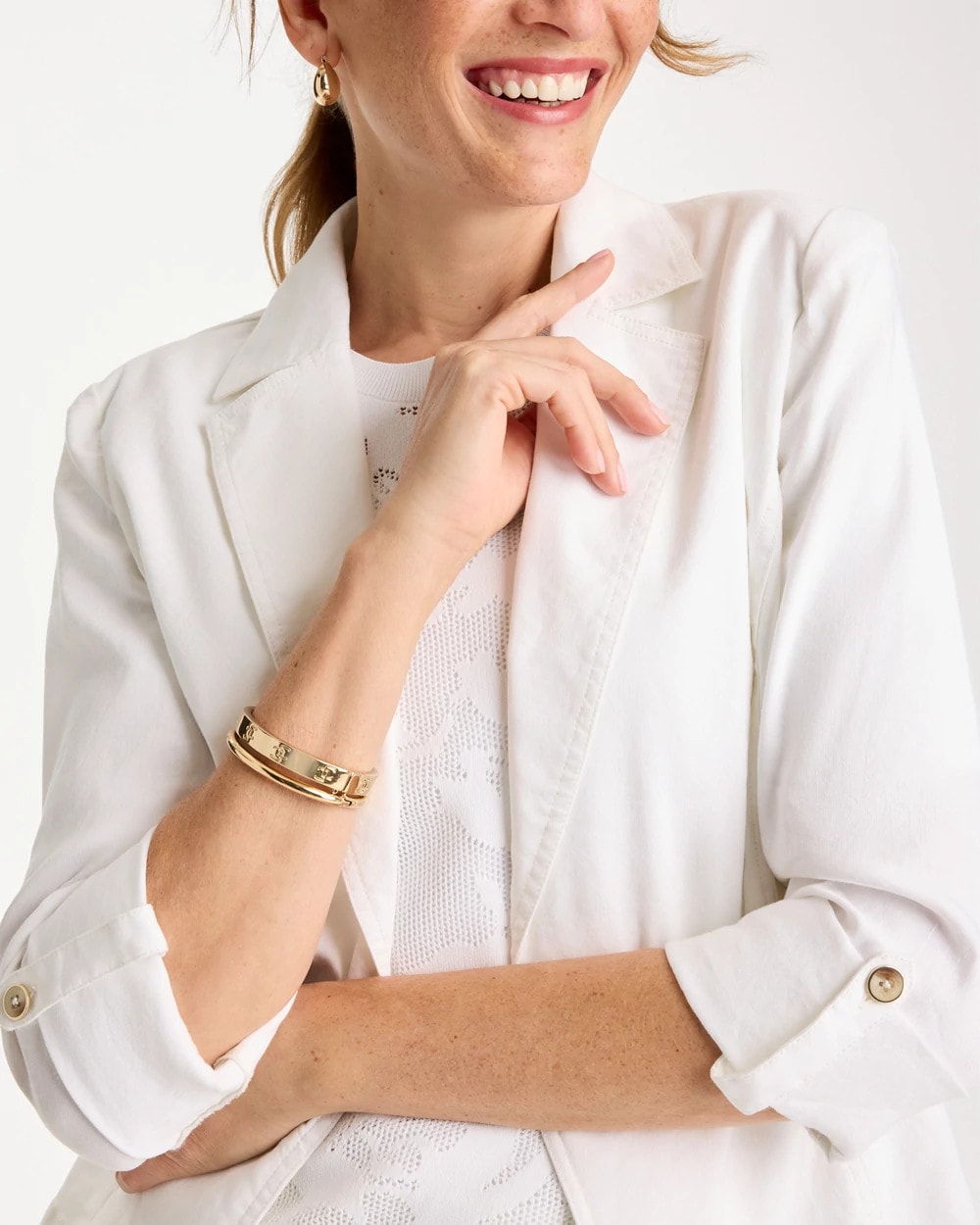 Chico's Linen Roll Sleeve Blazer Alabaster
