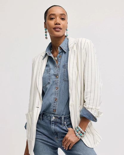 Chico's Linen-Blend Striped Boyfriend Blazer Ecru