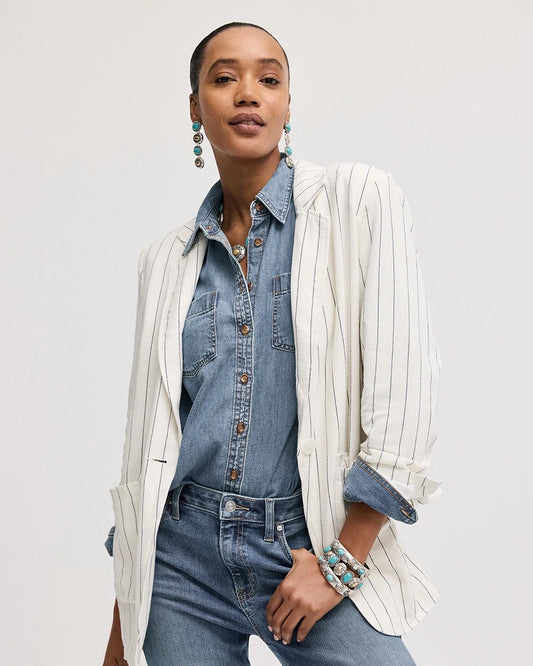 Chico's Linen-Blend Striped Boyfriend Blazer Ecru