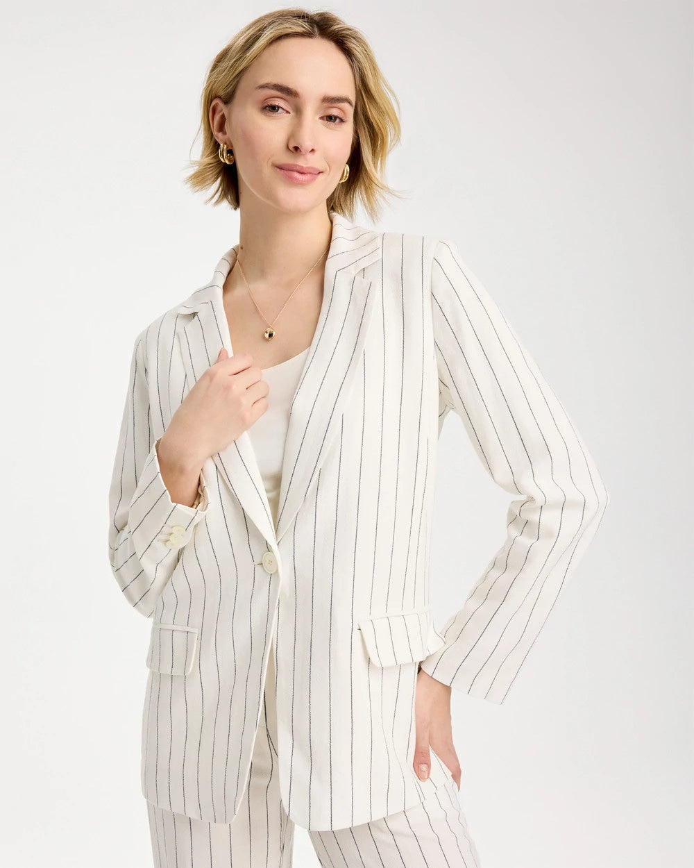 Chico's Linen-Blend Striped Boyfriend Blazer Ecru
