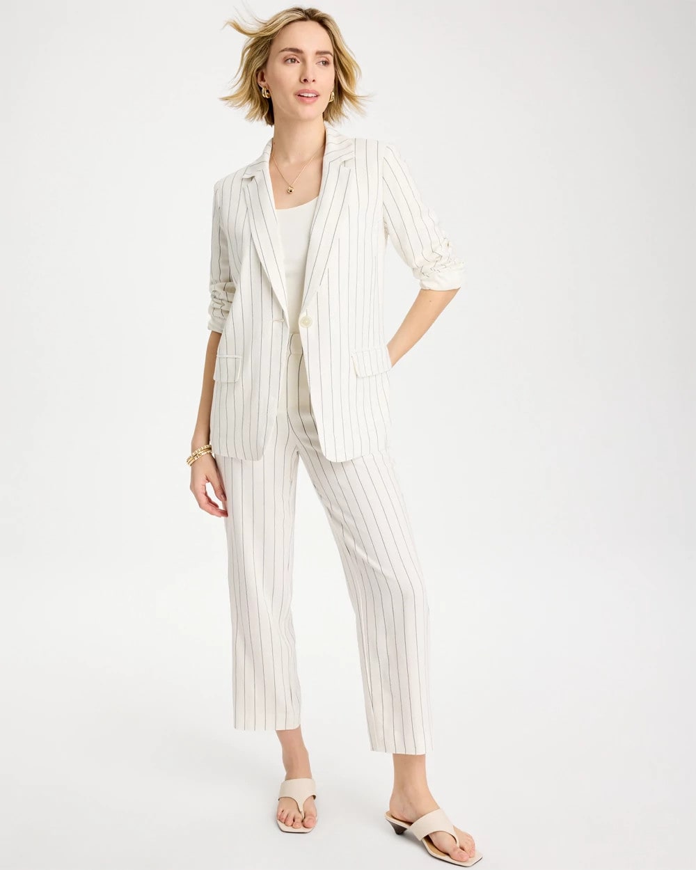 Chico's Linen-Blend Striped Boyfriend Blazer Ecru
