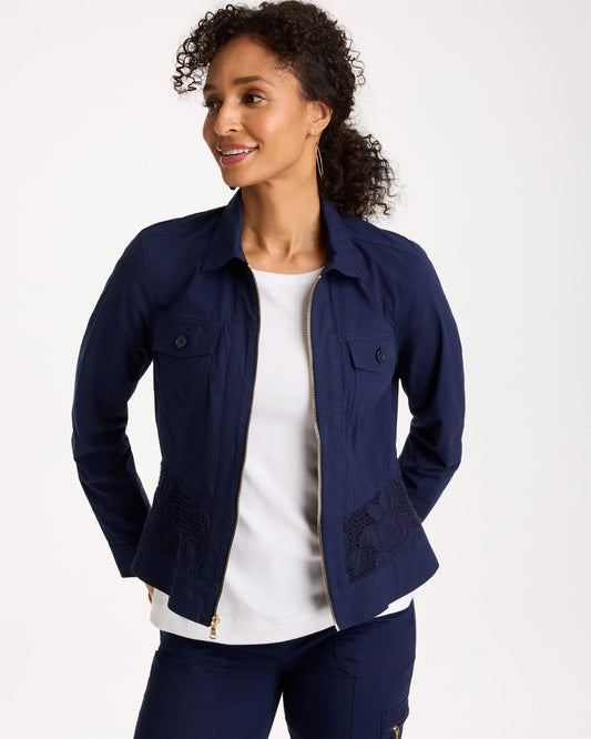 Chico's Poplin Cotton Lace Peplum Jacket Passport Blue