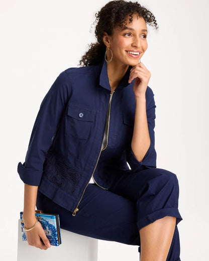 Chico's Poplin Cotton Lace Peplum Jacket Passport Blue