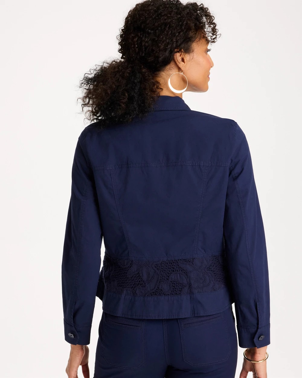 Chico's Poplin Cotton Lace Peplum Jacket Passport Blue