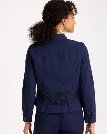 Chico's Poplin Cotton Lace Peplum Jacket Passport Blue