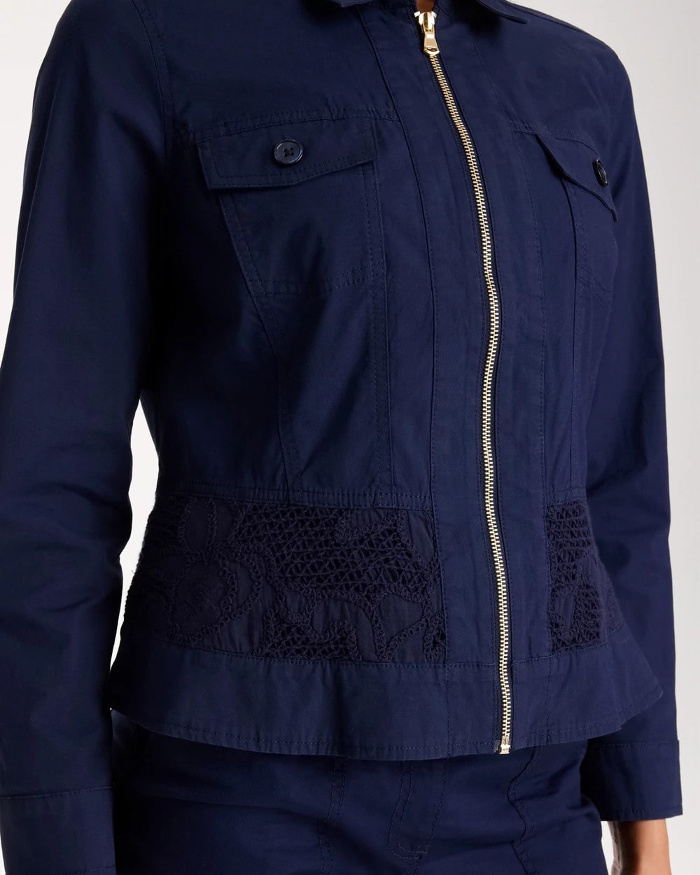 Chico's Poplin Cotton Lace Peplum Jacket Passport Blue