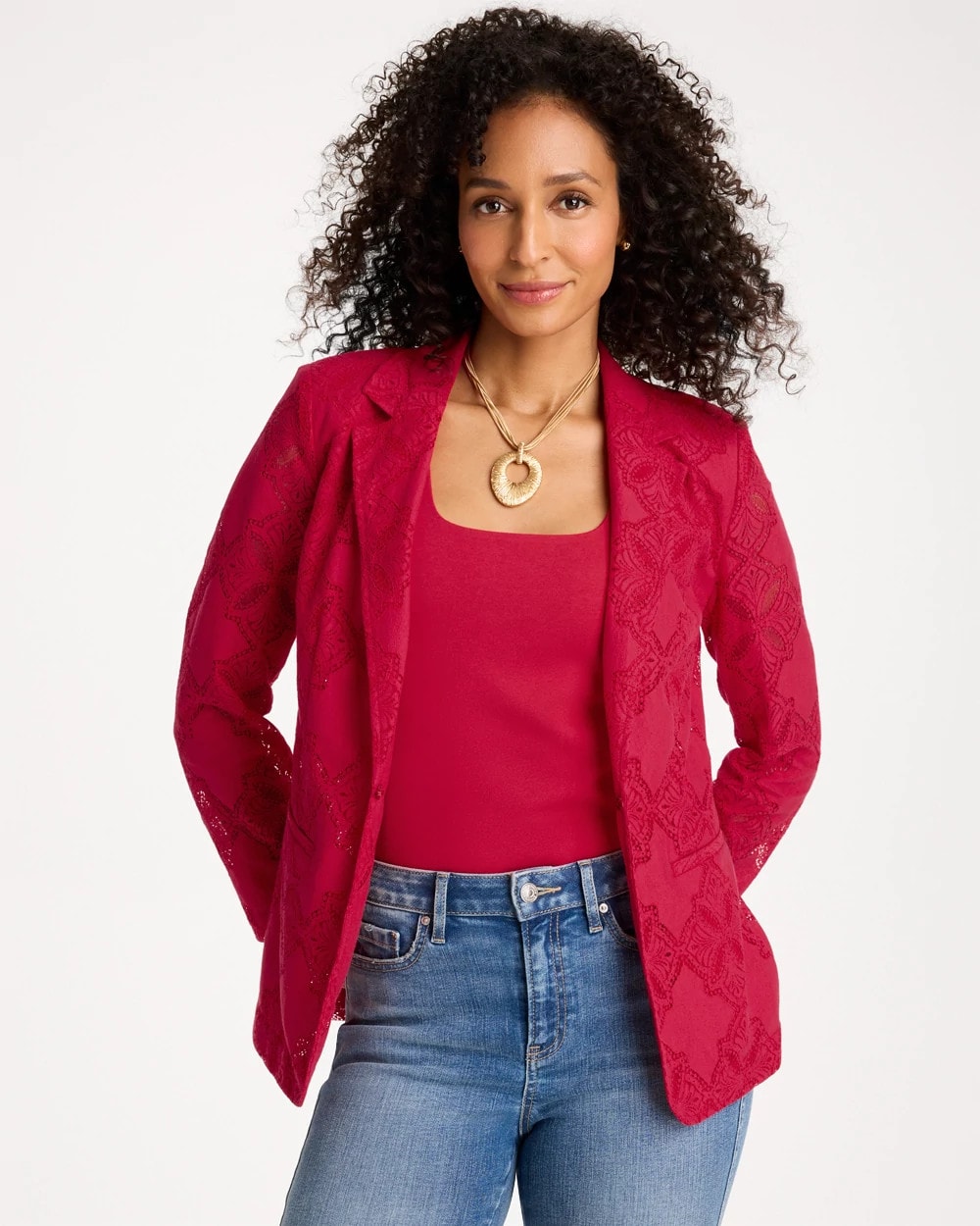 Chico's Lace Cutwork Blazer Cherry Lush