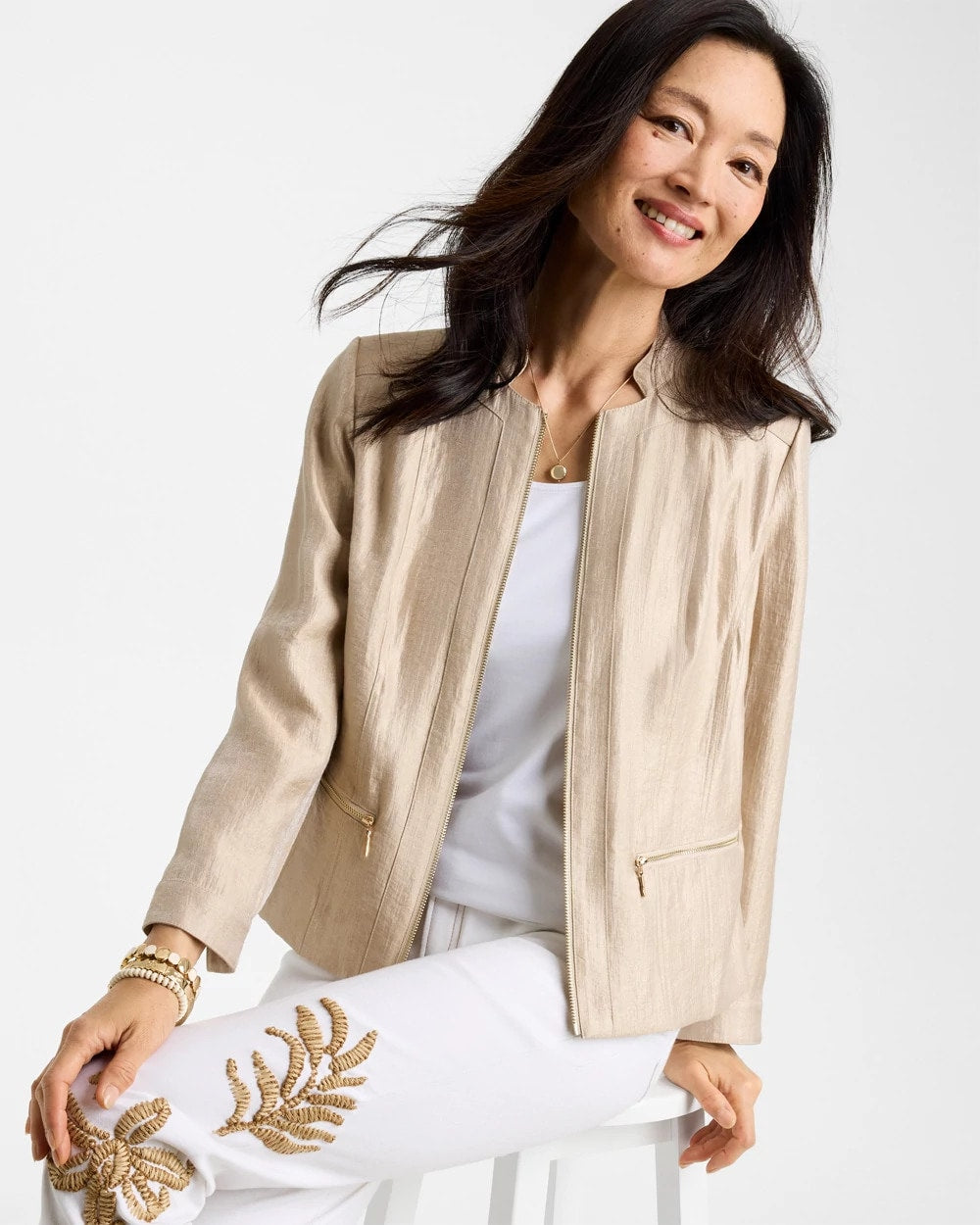 Chico's Sheen Stand Collar Jacket Khaki