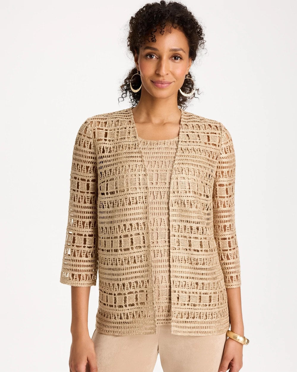 Chico's Travelers™ Metallic Crochet Cardigan Gold