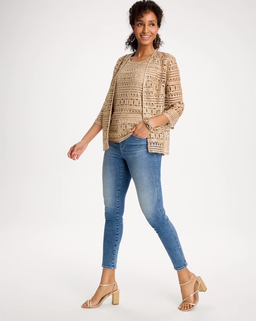 Chico's Travelers™ Metallic Crochet Cardigan Gold