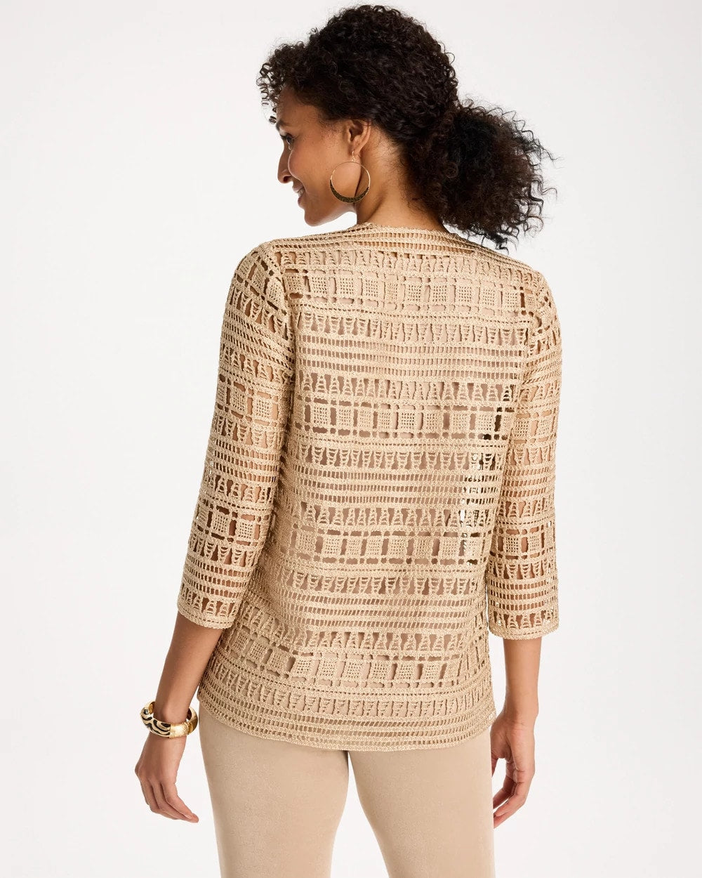 Chico's Travelers™ Metallic Crochet Cardigan Gold