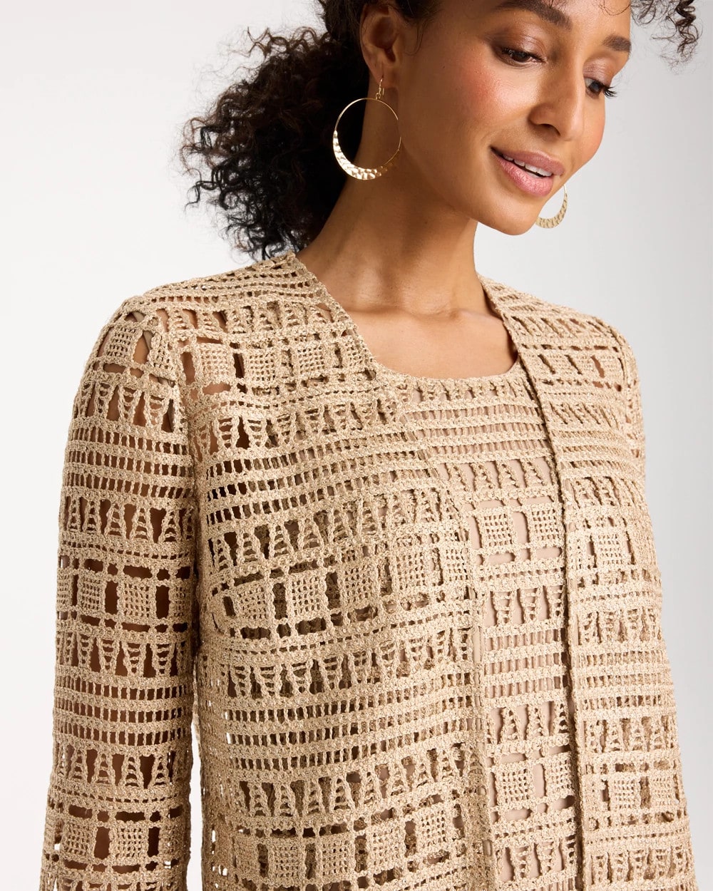 Chico's Travelers™ Metallic Crochet Cardigan Gold