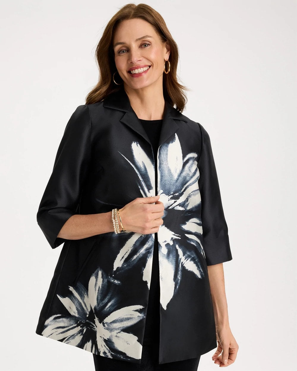 Chico's Travelers™ Collection Floral Long Jacket Travelers Black