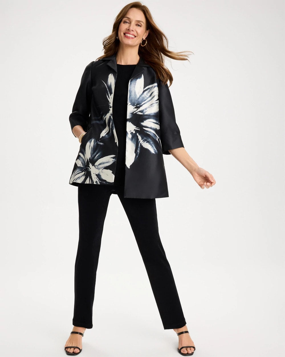 Chico's Travelers™ Collection Floral Long Jacket Travelers Black