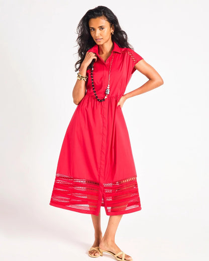 Chico's Lace Trim Midi Shirtdress Cherry Lush