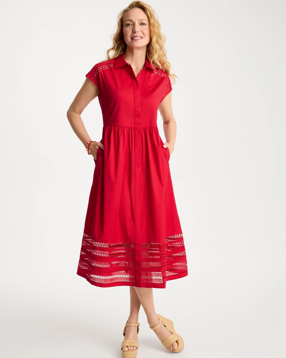 Chico's Lace Trim Midi Shirtdress Cherry Lush