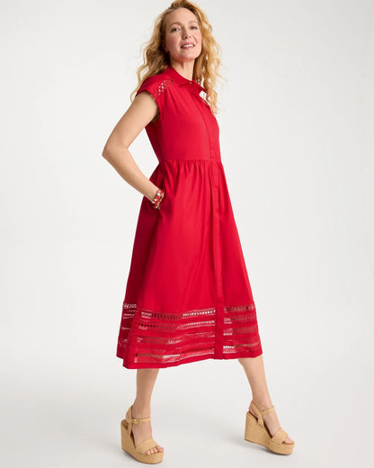 Chico's Lace Trim Midi Shirtdress Cherry Lush